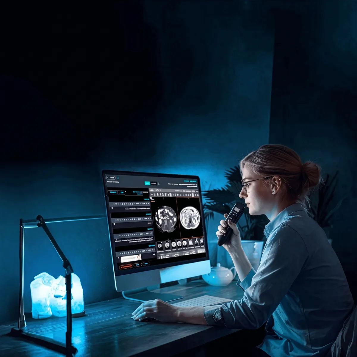 Radióloga dictando un informe con aura, la plataforma de IMAGINAI
